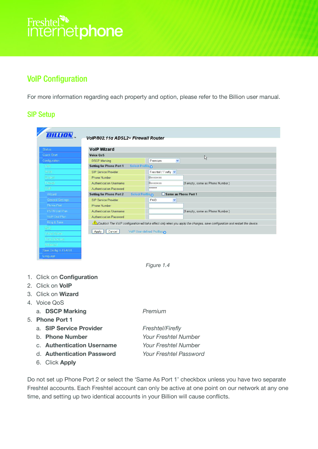 Freshtel 64xx, 74xx manual VoIP Configuration, SIP Setup 