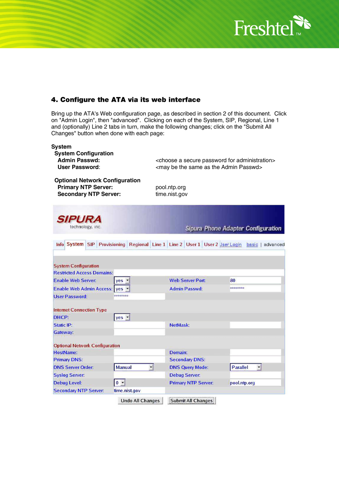 Freshtel SPA-2000, Sipura manual Configure the ATA via its web interface 