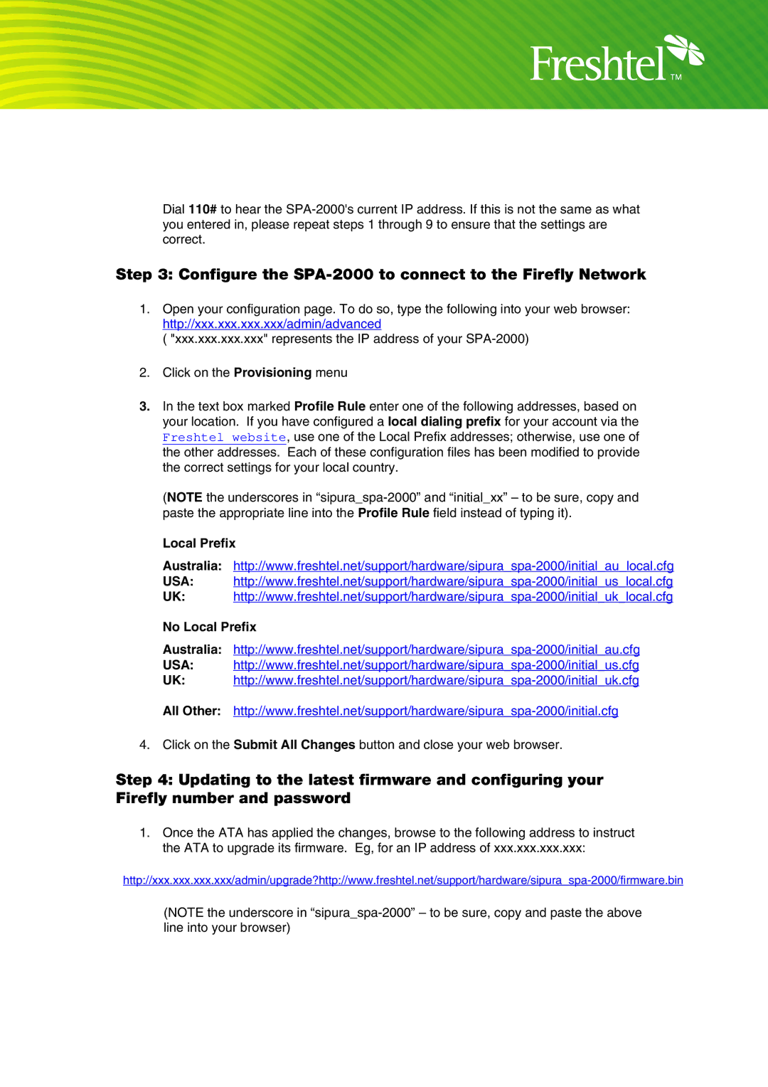 Freshtel manual Configure the SPA-2000 to connect to the Firefly Network 