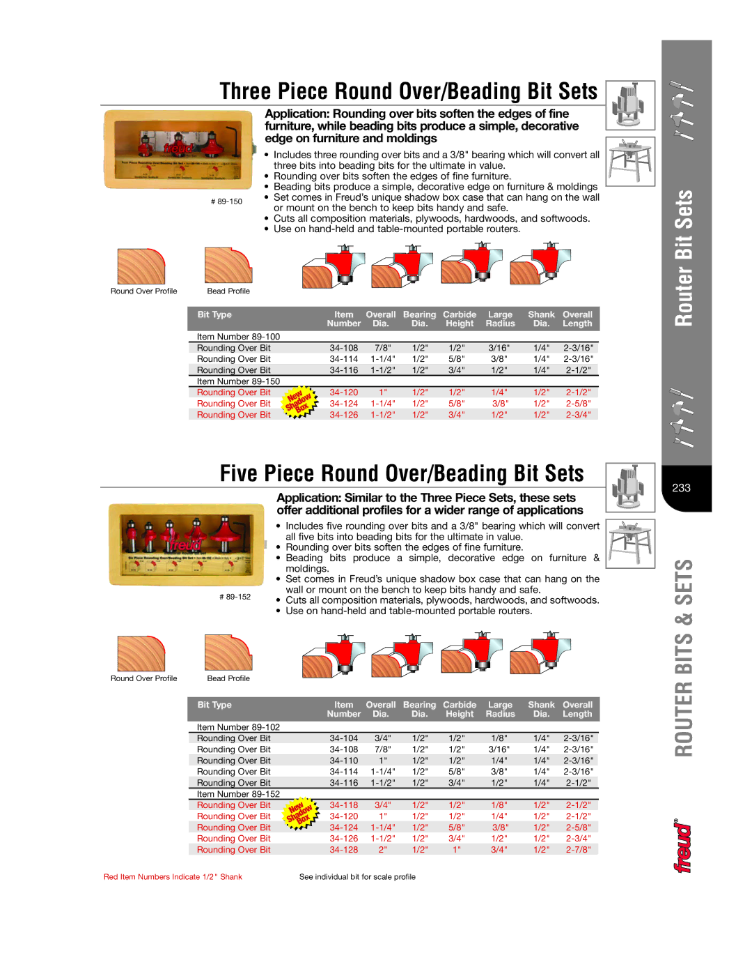 Freud Tools 222 manual Five Piece Round Over/Beading Bit Sets, Three Piece Round Over/Beading Bit Sets 