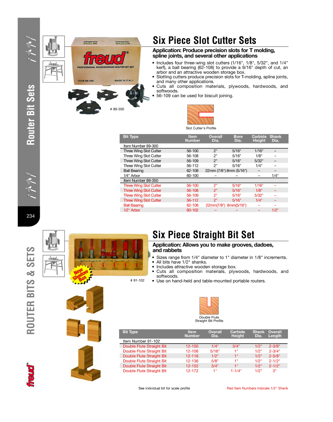 Freud Tools 222 manual Six Piece Slot Cutter Sets, Six Piece Straight Bit Set 