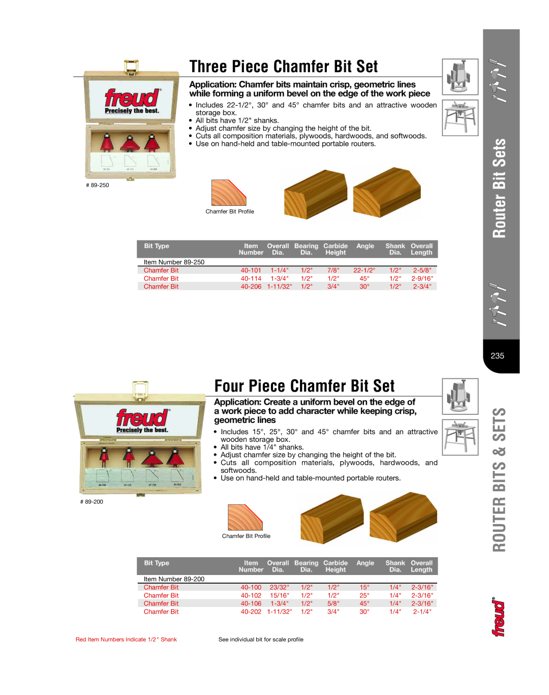 Freud Tools 222 manual Three Piece Chamfer Bit Set, Four Piece Chamfer Bit Set 