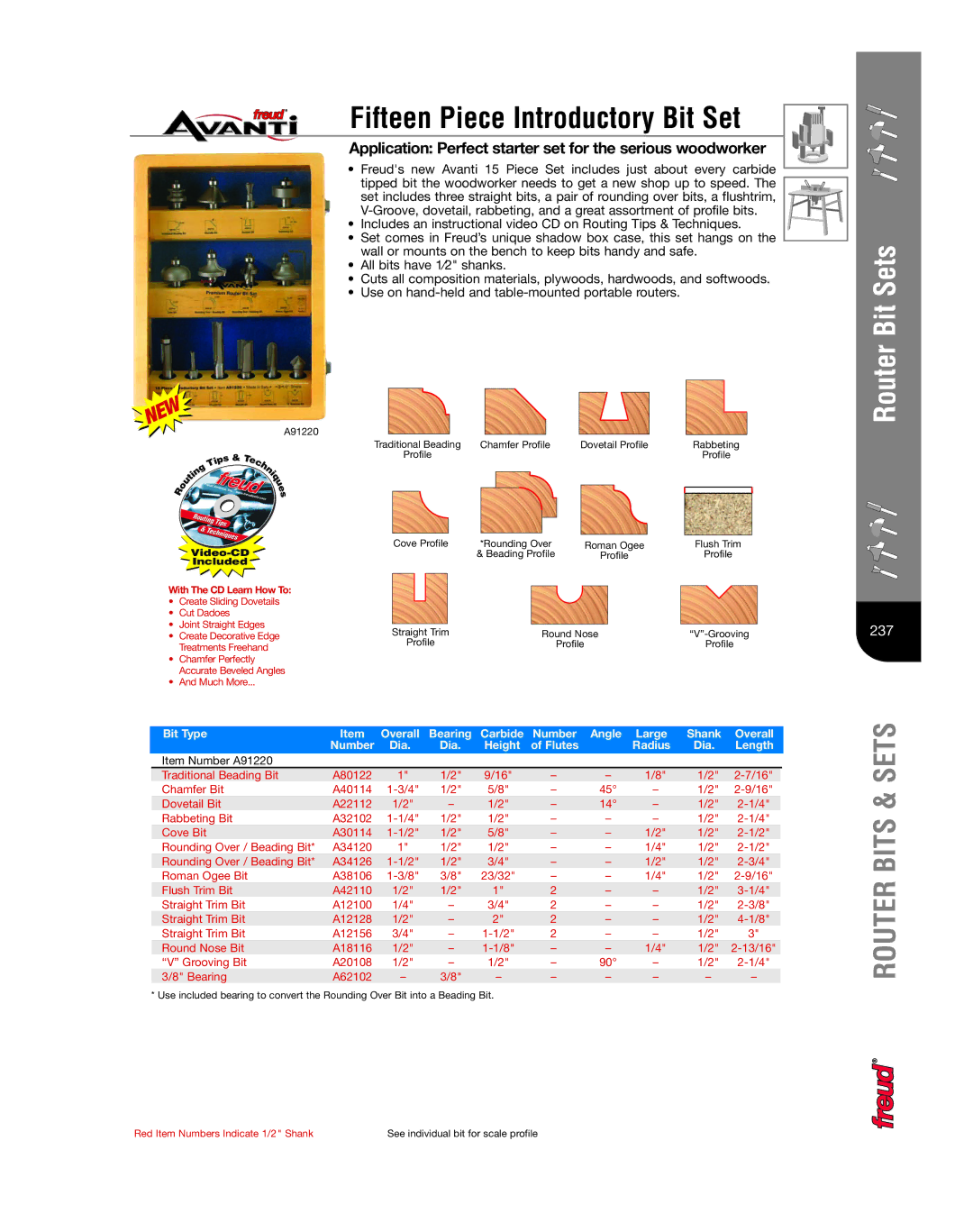 Freud Tools 222 manual Fifteen Piece Introductory Bit Set, Application Perfect starter set for the serious woodworker 