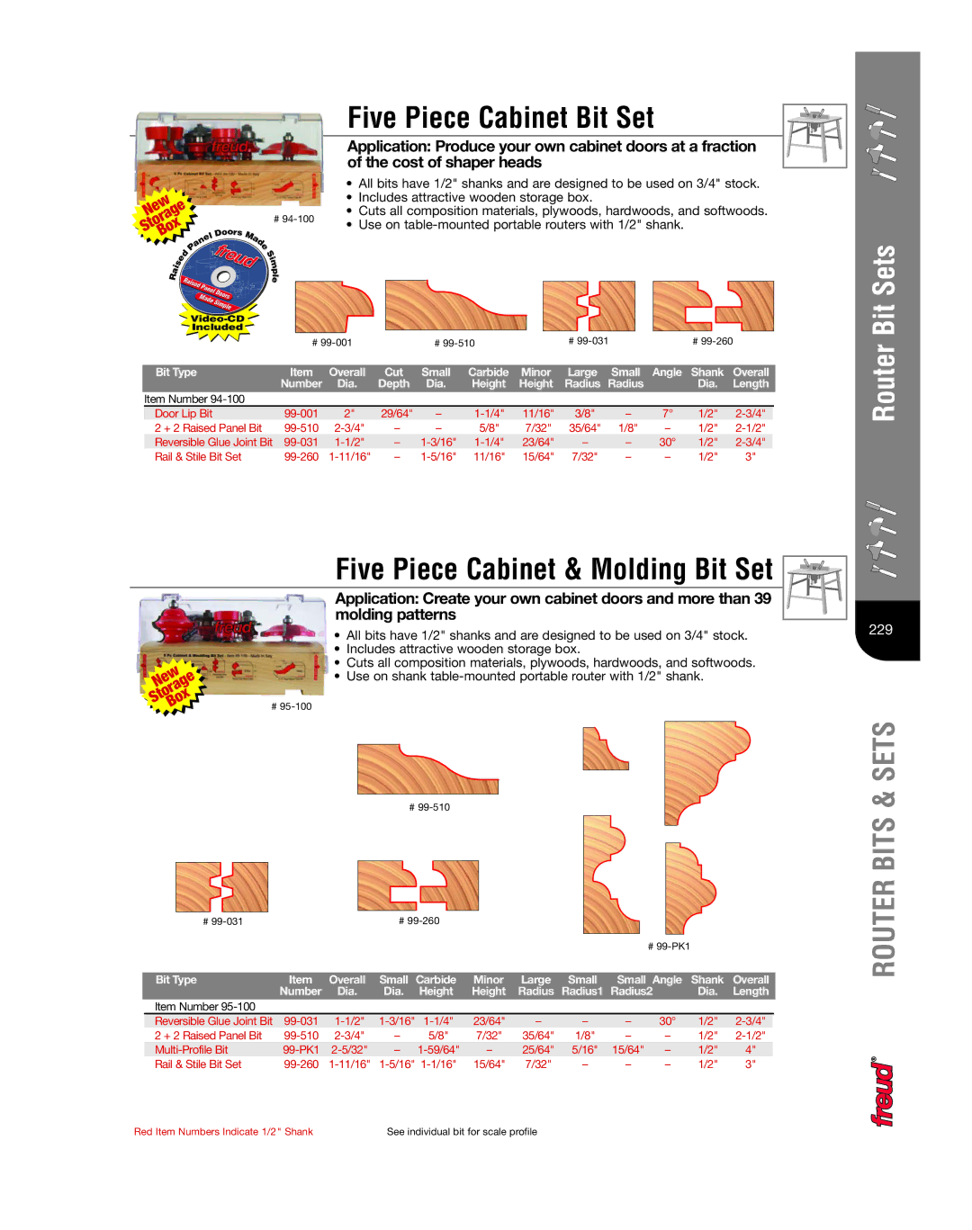 Freud Tools 222 manual Five Piece Cabinet Bit Set, Five Piece Cabinet & Molding Bit Set 