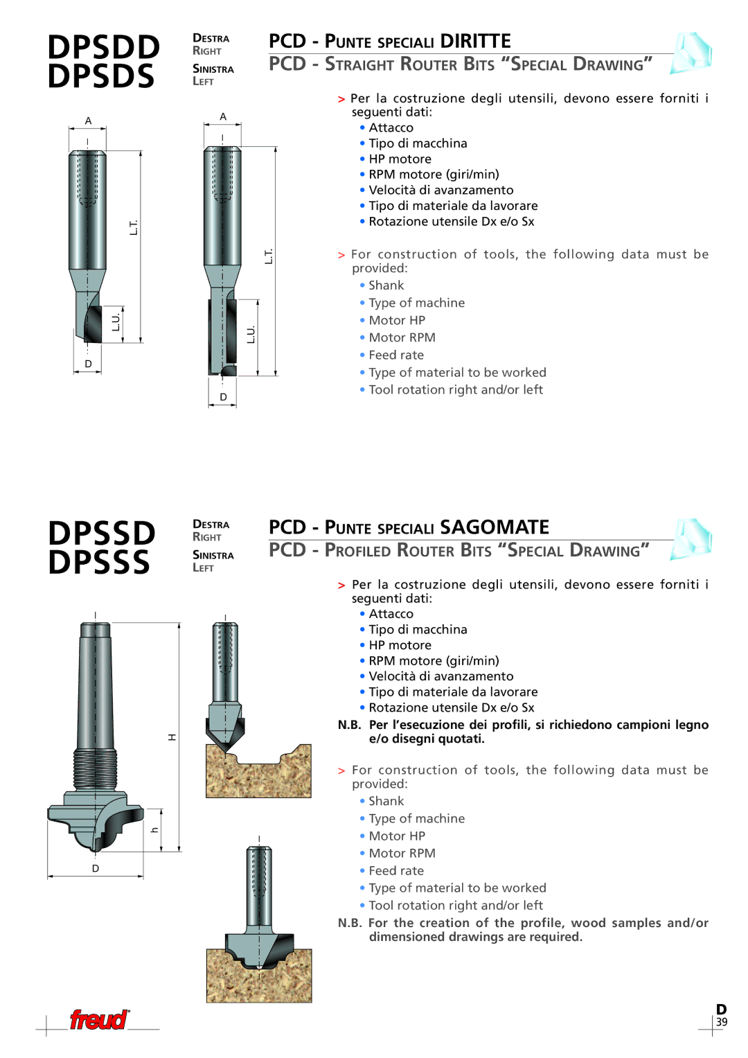 Freud Tools DPSDS, DPSDD manual Dpsdd Destra, Dpssd Destra, PCD Straight Router Bits Special Drawing 