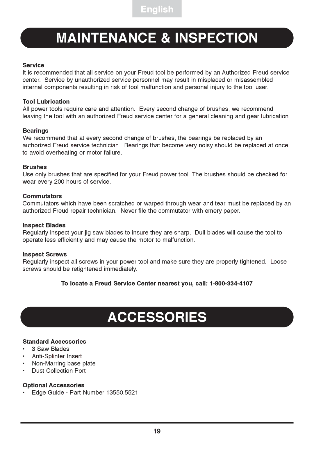 Freud Tools FJ85 operating instructions Maintenance & Inspection, Accessories 