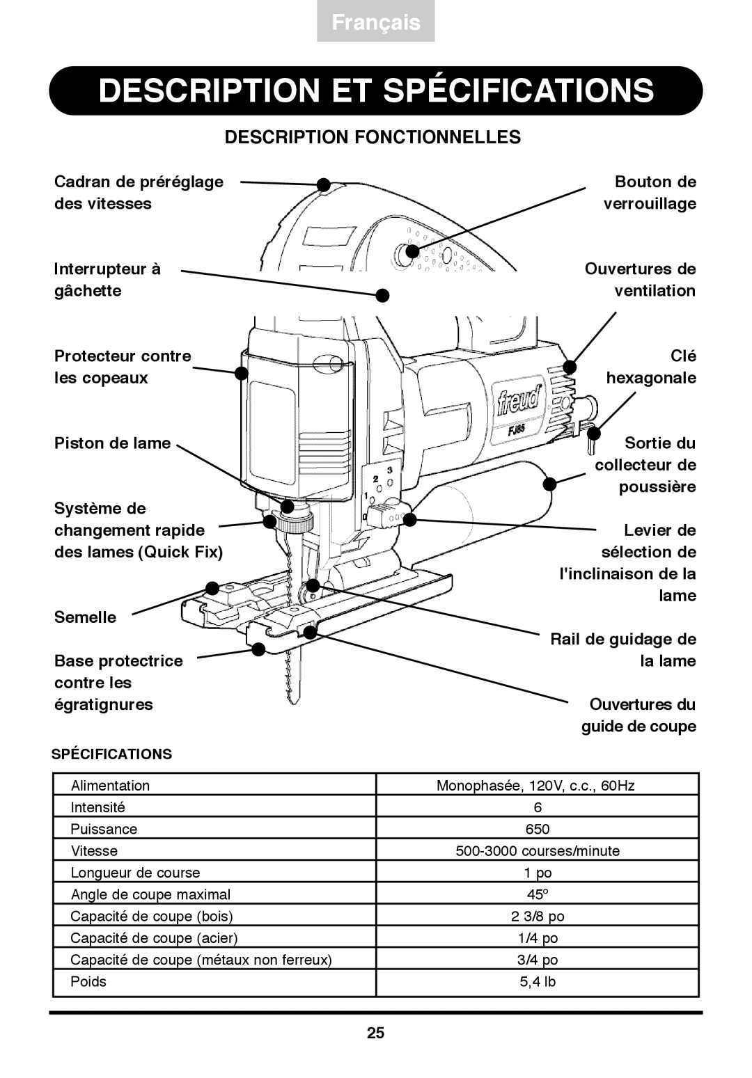 Freud Tools FJ85 operating instructions Description ET Spécifications 