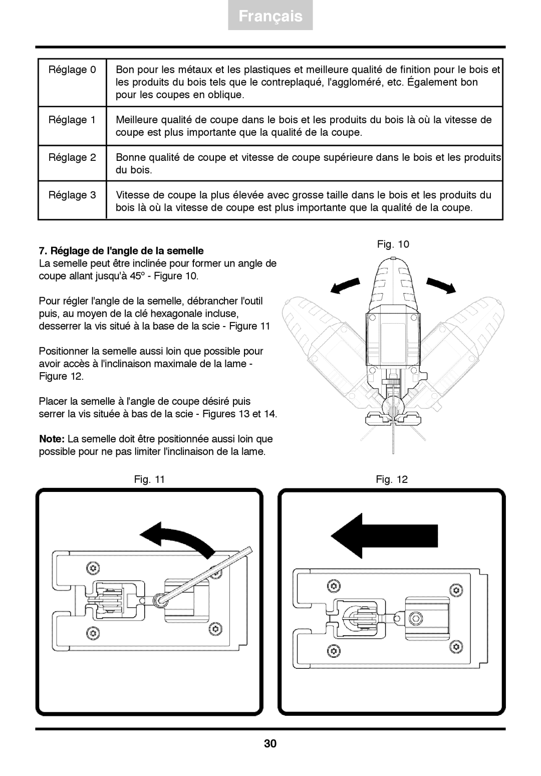 Freud Tools FJ85 operating instructions Réglage de langle de la semelle 