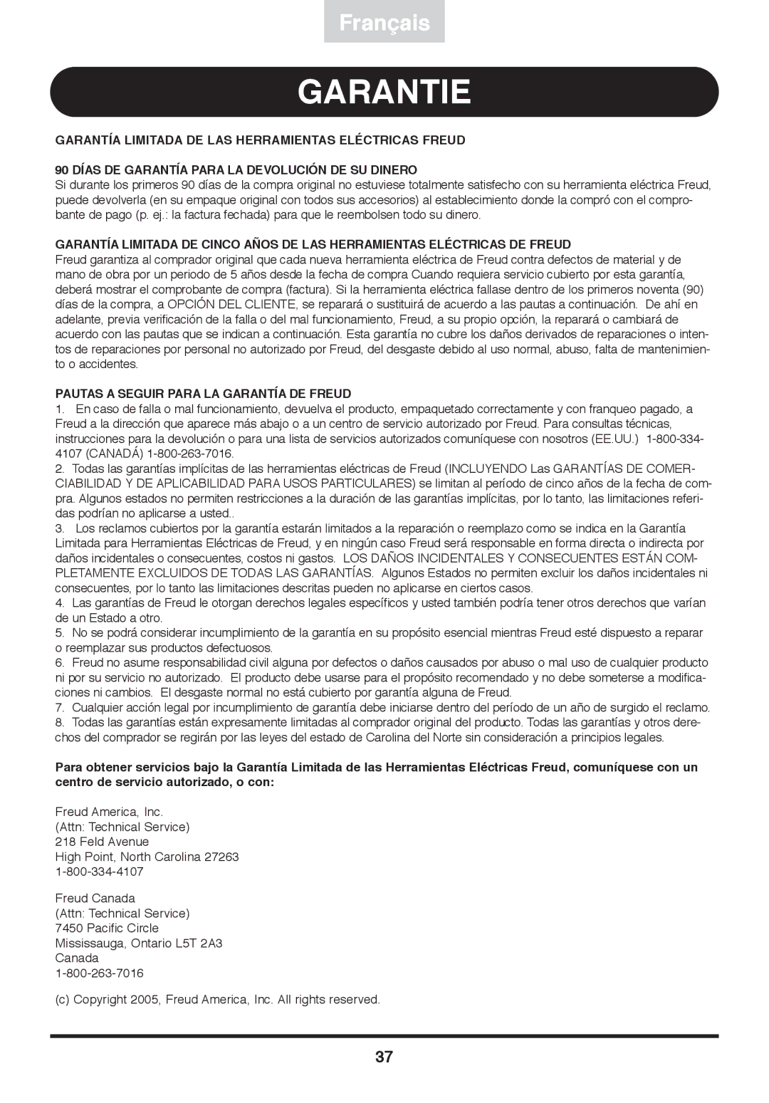 Freud Tools FJ85 operating instructions Garantie, Pautas a Seguir Para LA Garantía DE Freud 