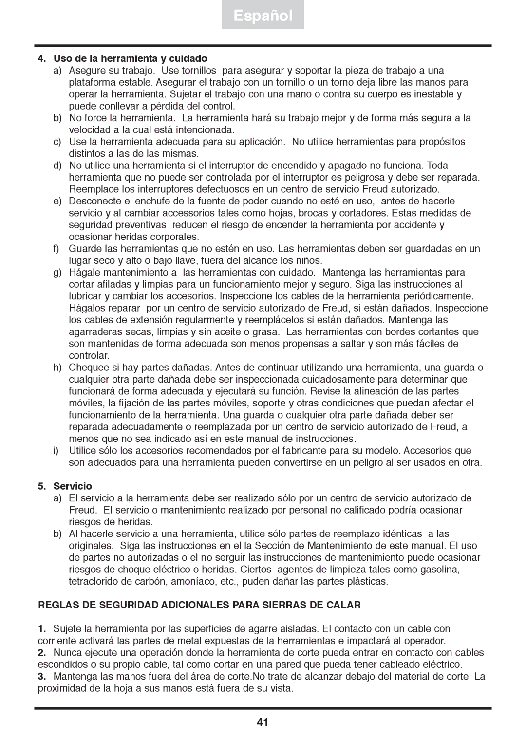 Freud Tools FJ85 operating instructions Reglas DE Seguridad Adicionales Para Sierras DE Calar 