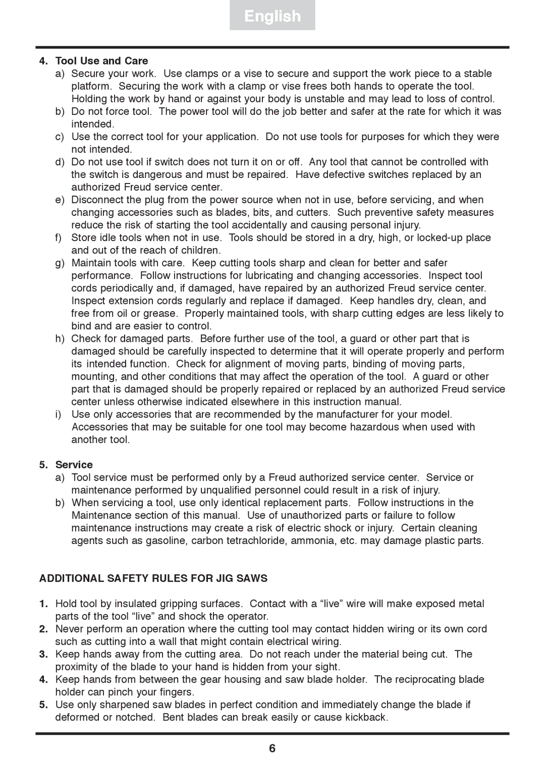 Freud Tools FJ85 operating instructions Tool Use and Care, Service, Additional Safety Rules for JIG Saws 