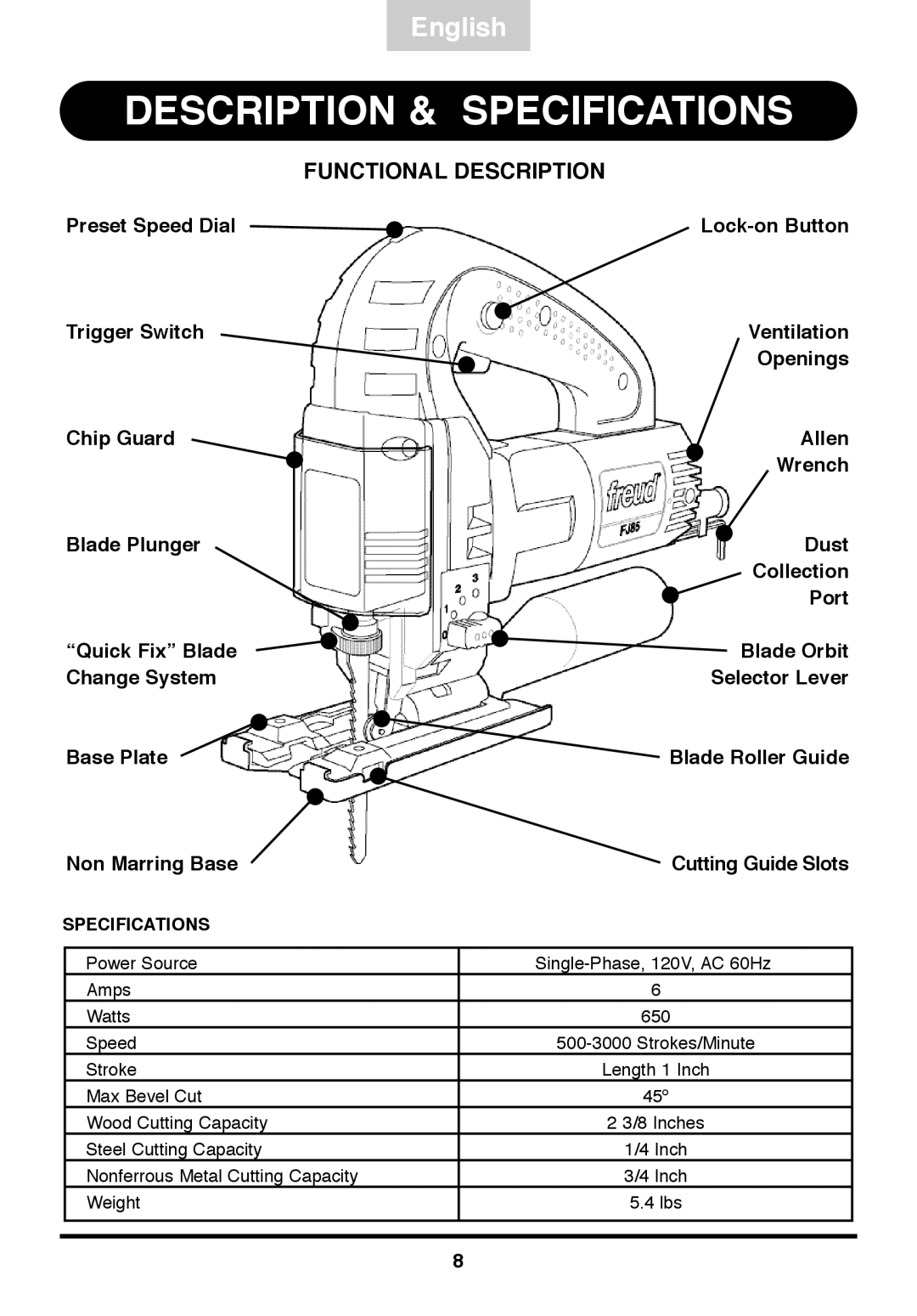 Freud Tools FJ85 operating instructions Description & Specifications 