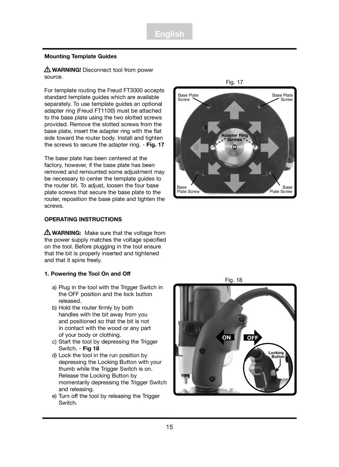 Freud Tools FT3000VCE operating instructions Mounting Template Guides, Operating Instructions, Powering the Tool On and Off 