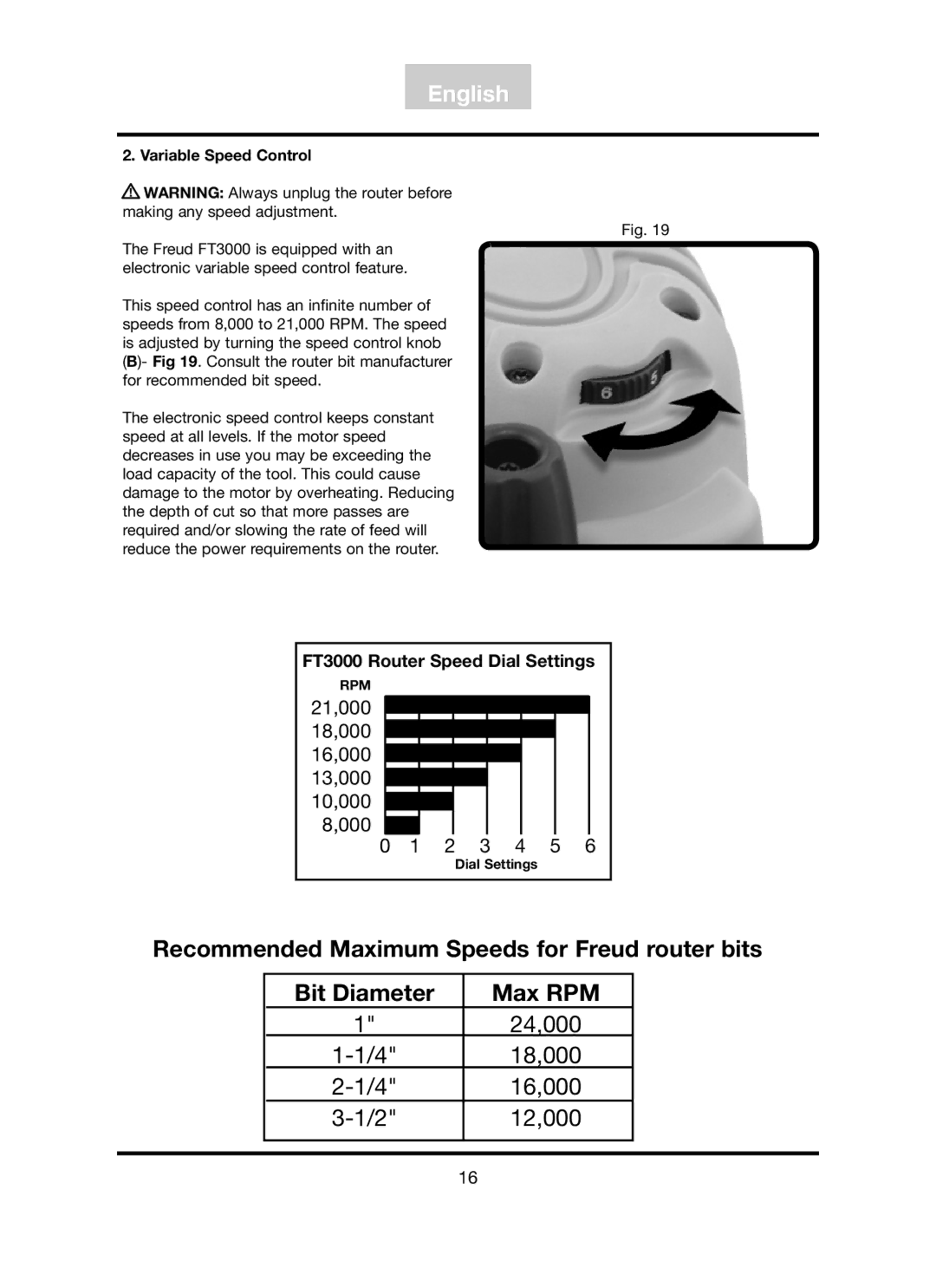 Freud Tools FT3000VCE operating instructions FT3000 Router Speed Dial Settings, Variable Speed Control 