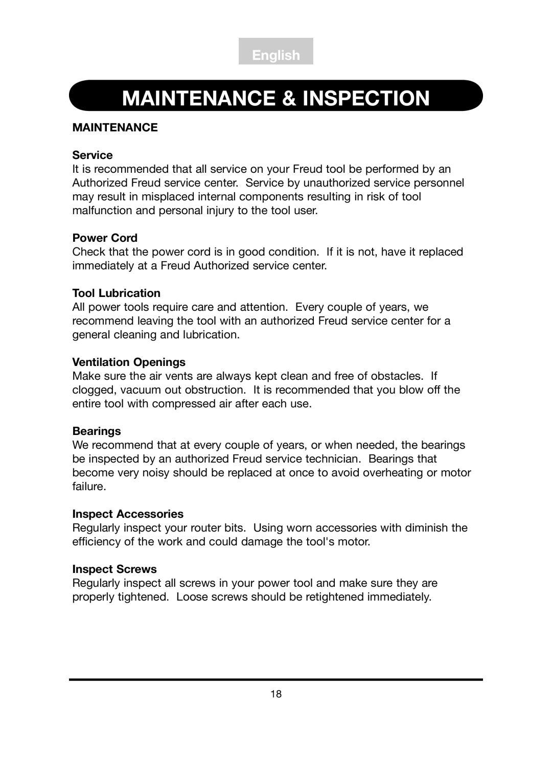 Freud Tools FT3000VCE operating instructions Maintenance & Inspection 