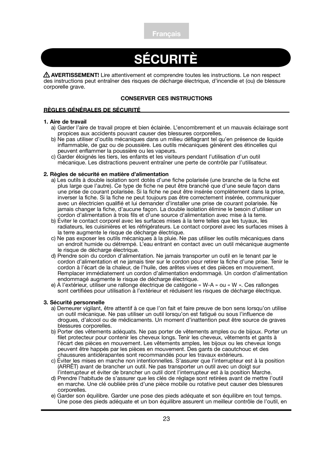 Freud Tools FT3000VCE Sécuritè, Conserver CES Instructions Règles Générales DE Sécurité, Aire de travail 