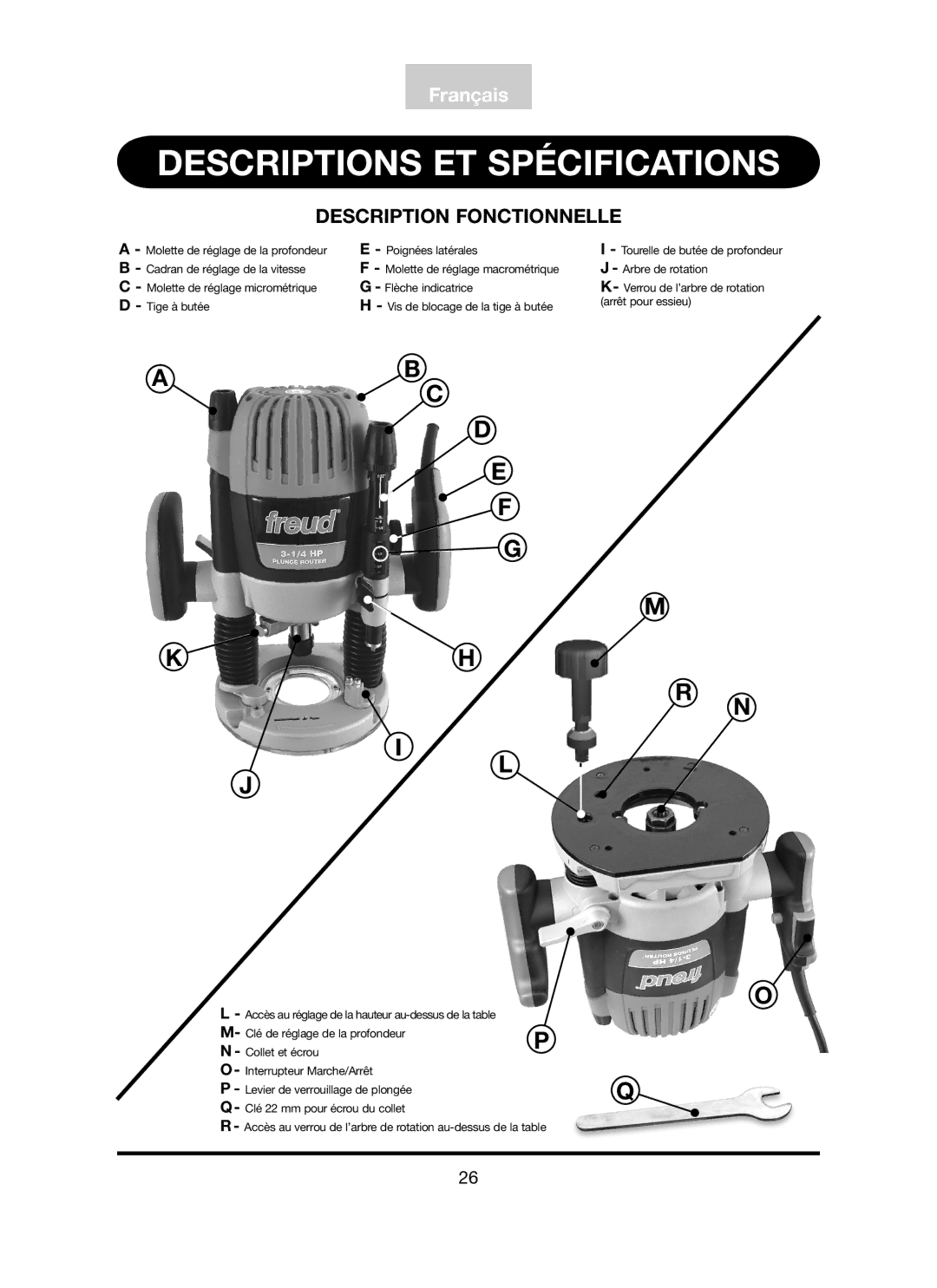 Freud Tools FT3000VCE operating instructions Descriptions ET Spécifications, Description Fonctionnelle 