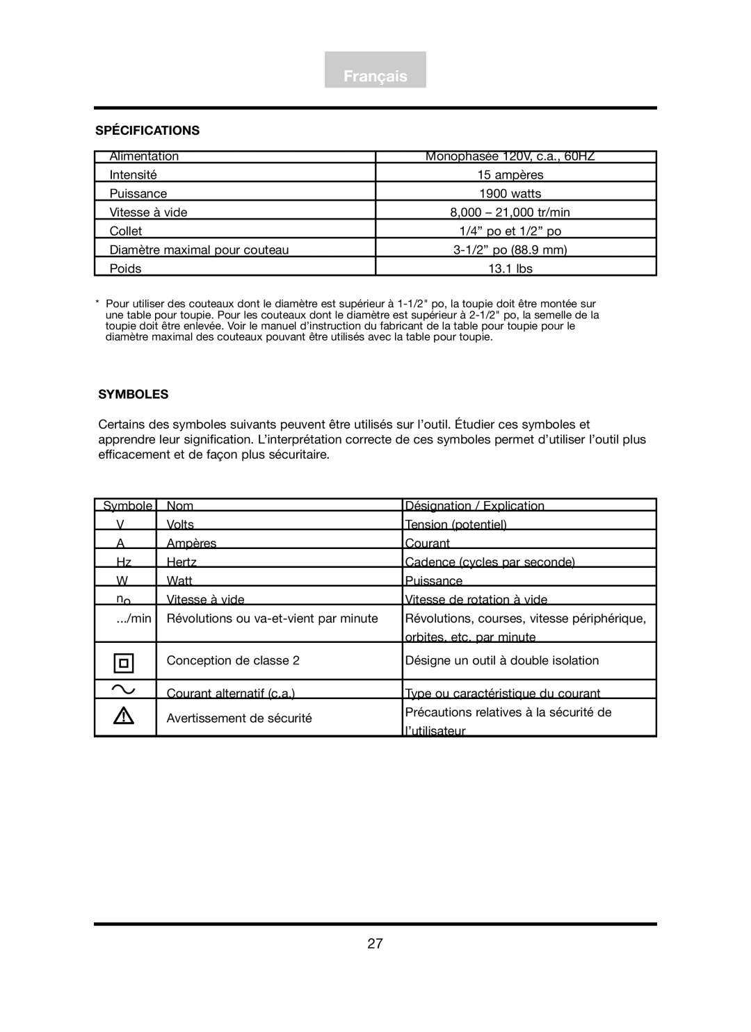 Freud Tools FT3000VCE operating instructions Spécifications, Symboles 