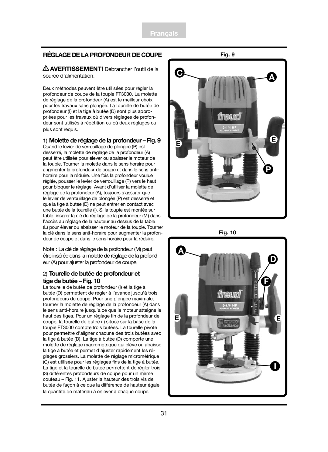 Freud Tools FT3000VCE operating instructions Réglage DE LA Profondeur DE Coupe, Molette de réglage de la profondeur Fig 