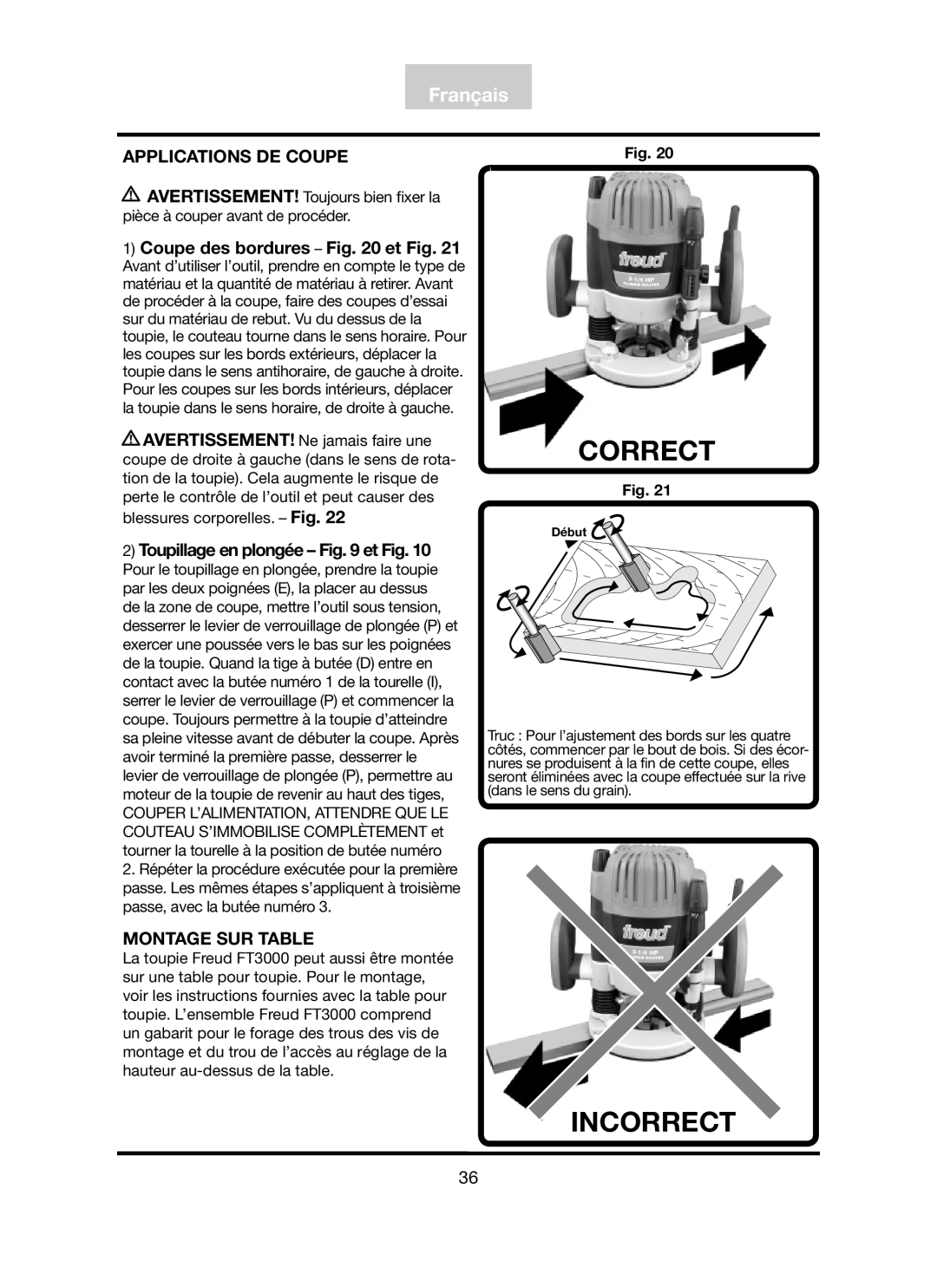 Freud Tools FT3000VCE Applications DE Coupe, Coupe des bordures et Fig, Toupillage en plongée et Fig, Montage SUR Table 