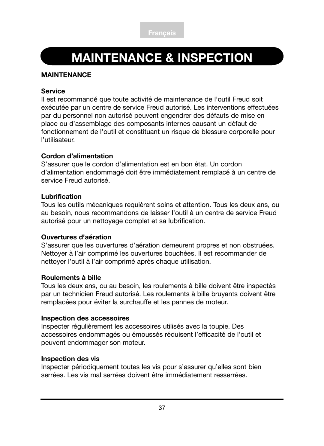 Freud Tools FT3000VCE operating instructions Cordon d’alimentation 