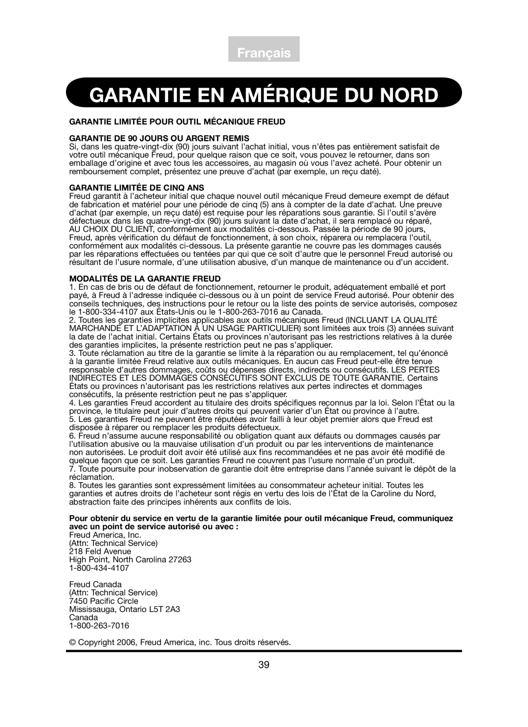 Freud Tools FT3000VCE operating instructions Garantie EN Amérique DU Nord, Garantie Limitée DE Cinq ANS 