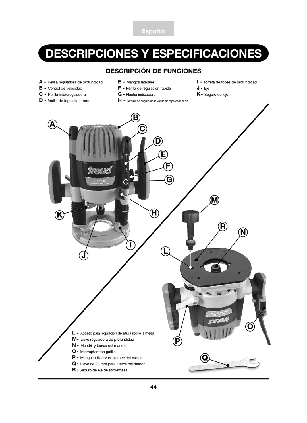 Freud Tools FT3000VCE operating instructions Descripción DE Funciones, Eje 