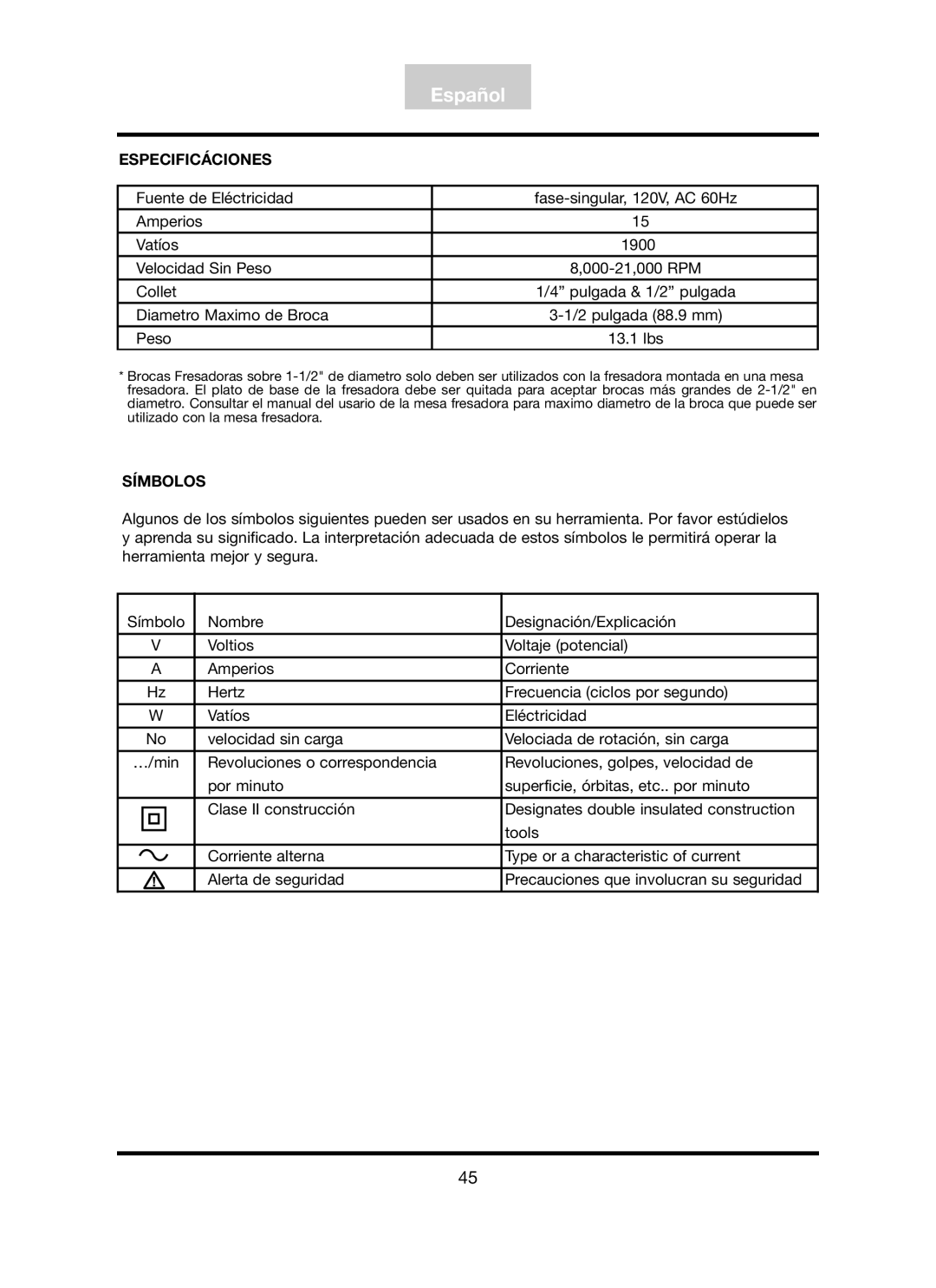 Freud Tools FT3000VCE operating instructions Especificáciones, Símbolos 