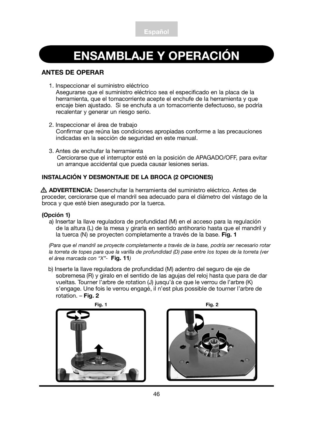 Freud Tools FT3000VCE operating instructions Antes DE Operar, Instalación Y Desmontaje DE LA Broca 2 Opciones, Opción 