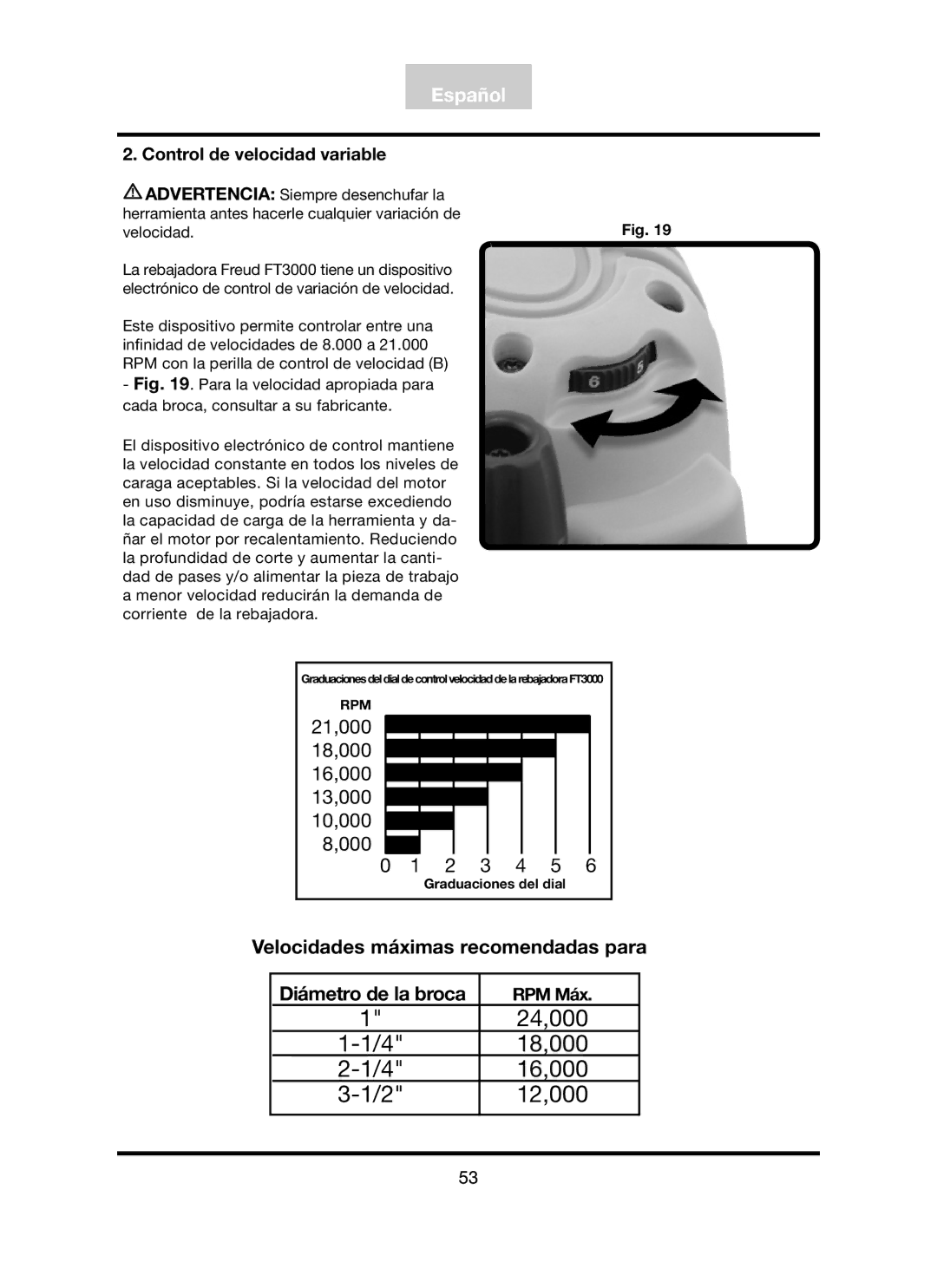 Freud Tools FT3000VCE operating instructions Control de velocidad variable, RPM Máx 