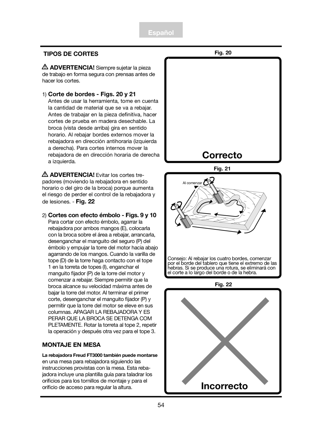 Freud Tools FT3000VCE Tipos DE Cortes, Corte de bordes Figs y, Cortes con efecto émbolo Figs y, Montaje EN Mesa 