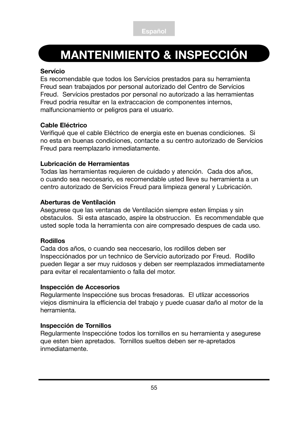 Freud Tools FT3000VCE operating instructions Mantenimiento & Inspección, Servício 