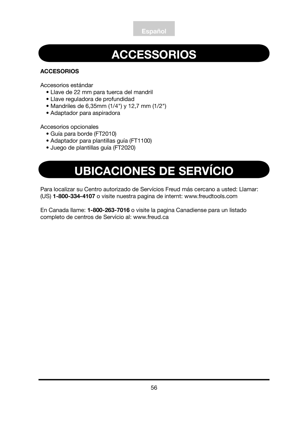 Freud Tools FT3000VCE operating instructions Ubicaciones DE Servício, Accesorios 