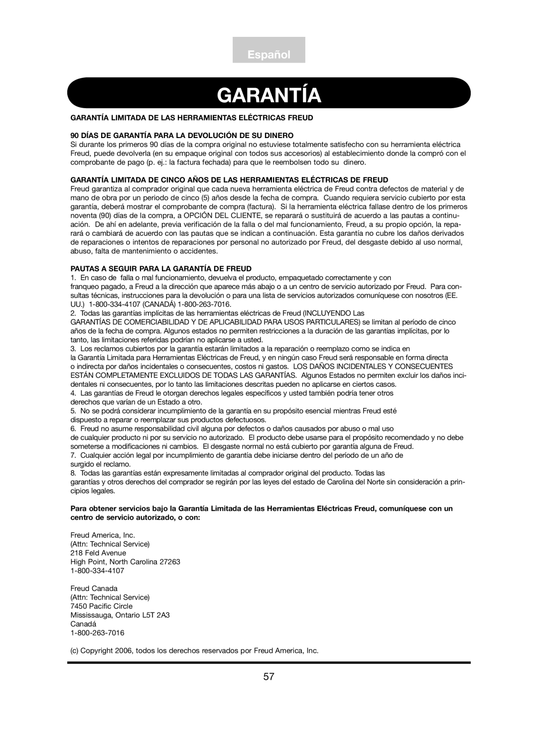 Freud Tools FT3000VCE operating instructions Tabla Garantíade Contenidos, Pautas a Seguir Para LA Garantía DE Freud 