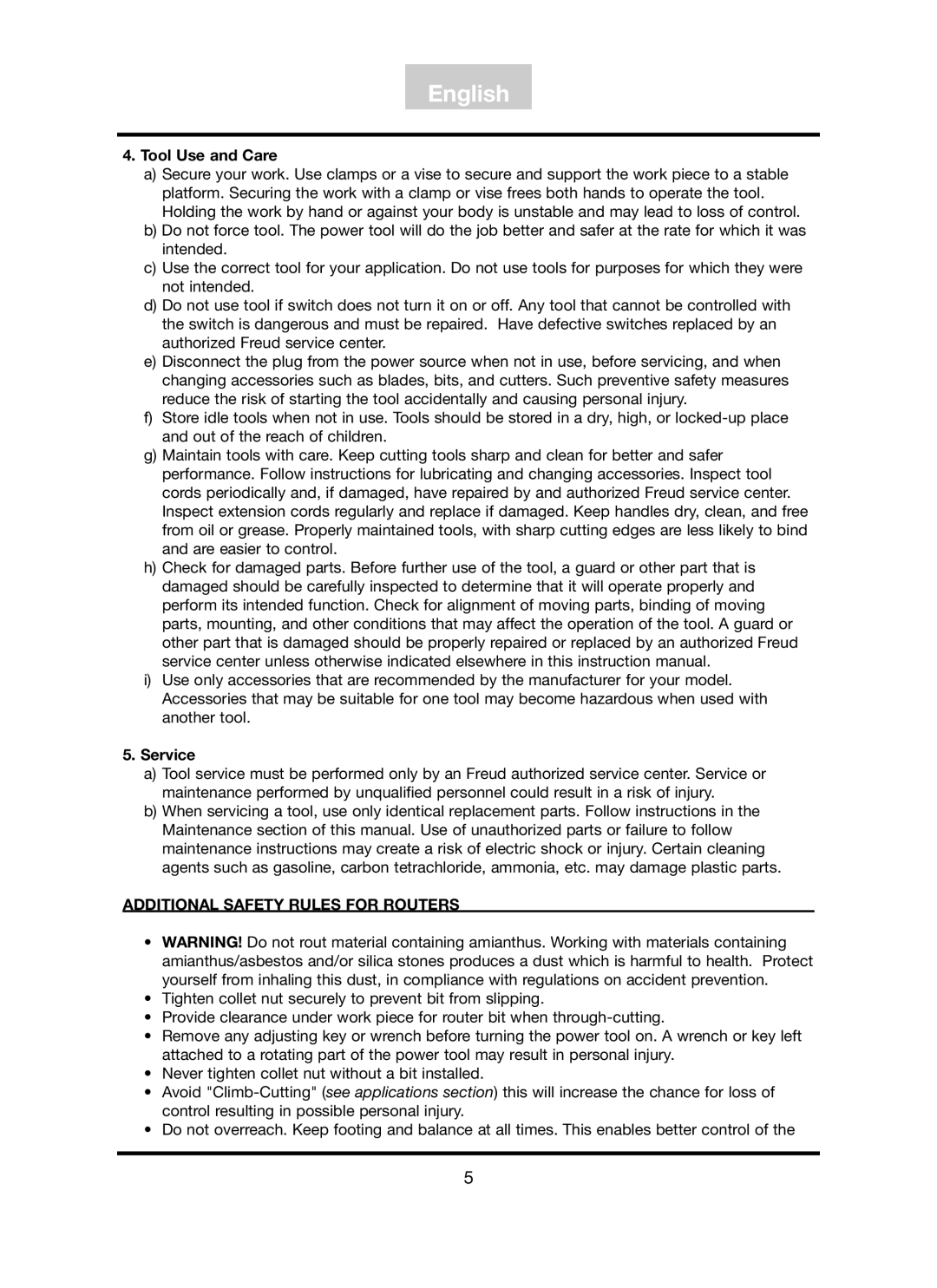 Freud Tools FT3000VCE operating instructions Tool Use and Care, Service, Additional Safety Rules for Routers 