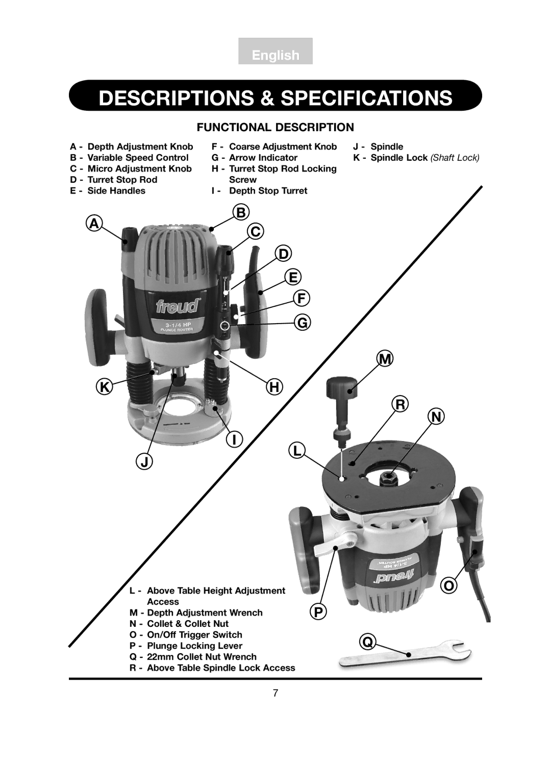 Freud Tools FT3000VCE operating instructions Descriptions & Specifications, Functional Description, Depth Adjustment Knob 