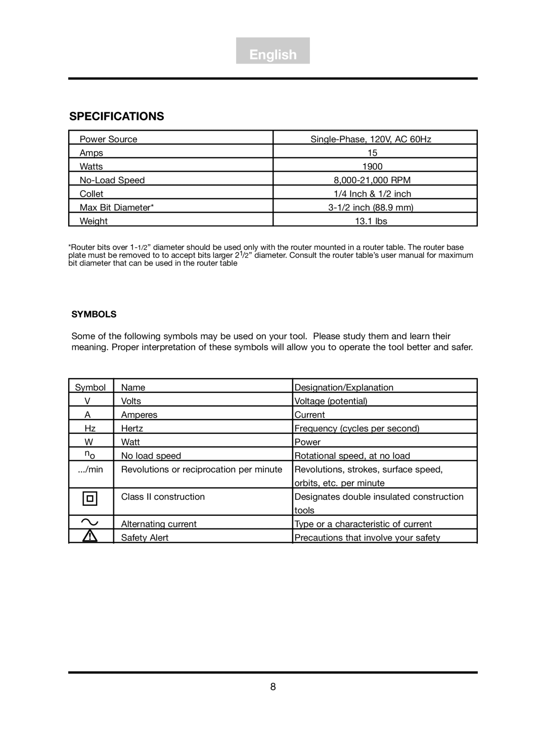 Freud Tools FT3000VCE operating instructions Specifications, Symbols 