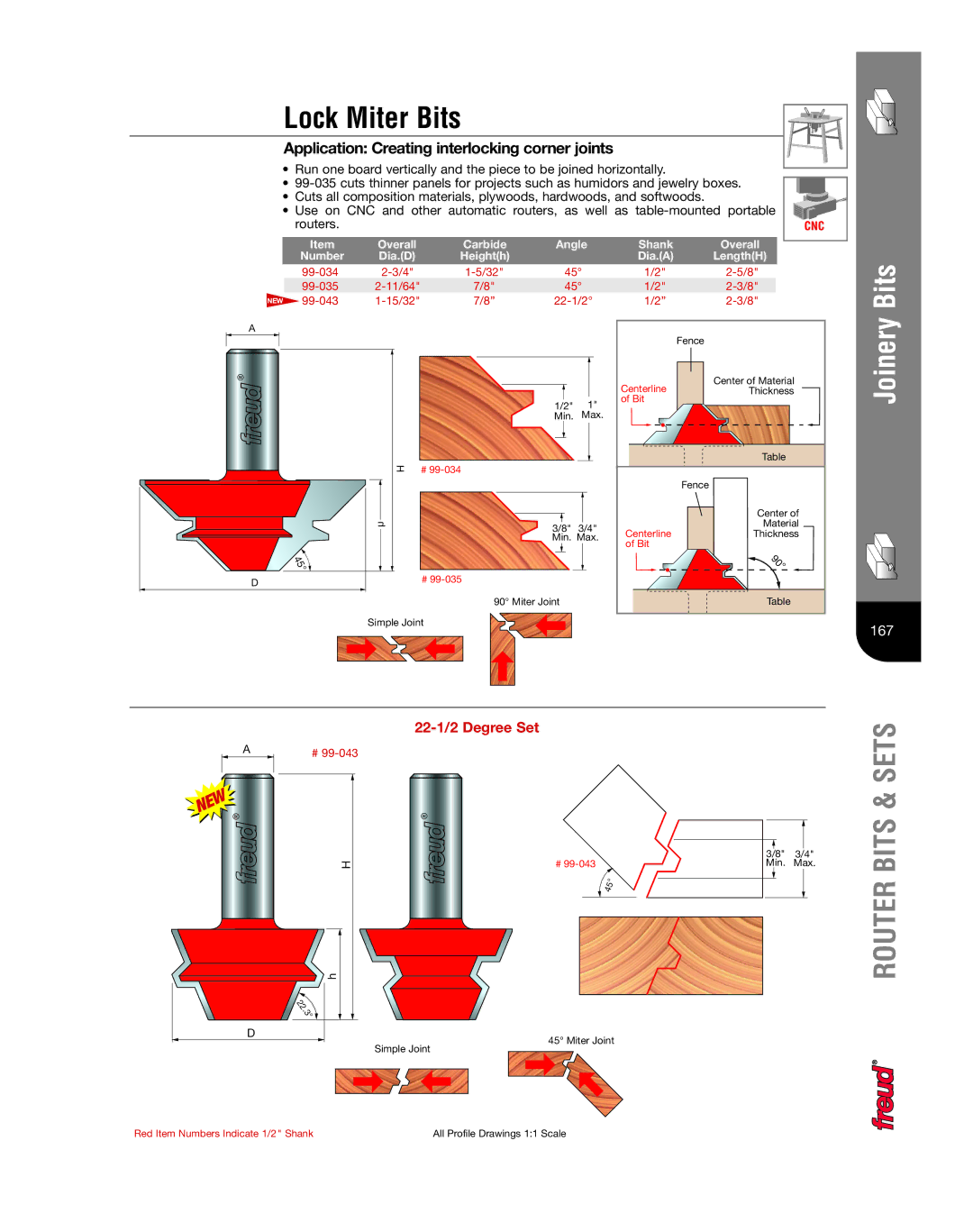 Freud Tools Router manual Lock Miter Bits, Application Creating interlocking corner joints, Overall Carbide Angle 