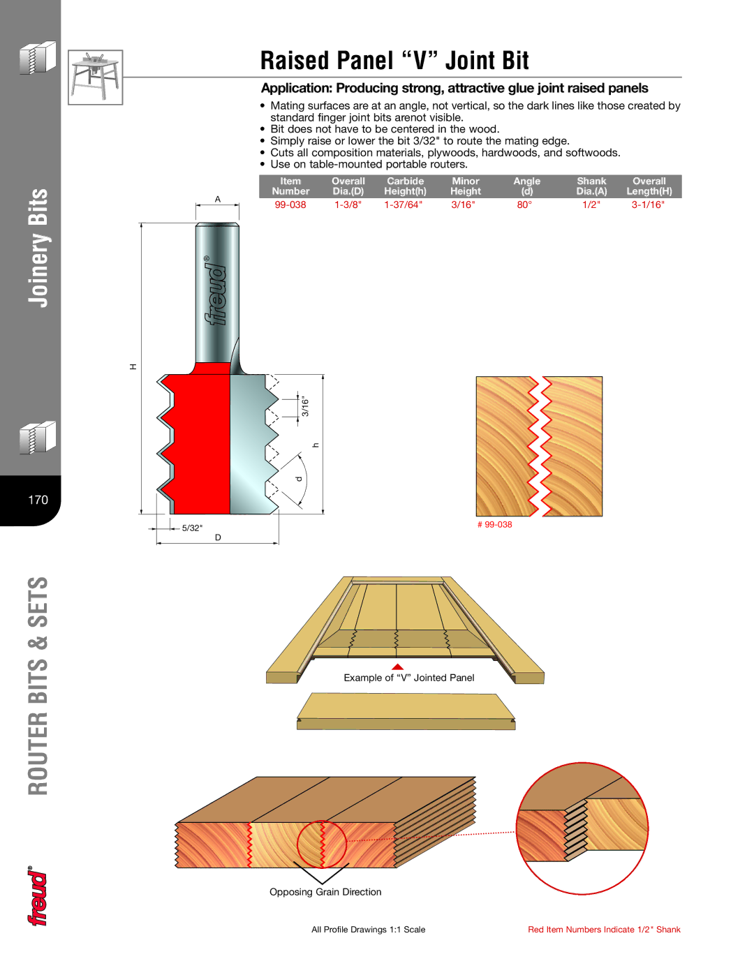 Freud Tools Router manual Raised Panel V Joint Bit, Overall Carbide Minor Angle Shank, Dia.D Heighth 