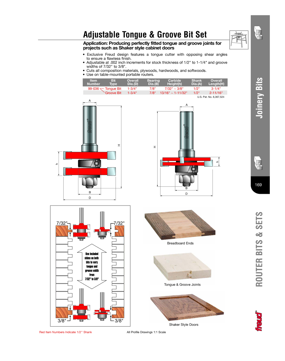 Freud Tools Router manual Adjustable Tongue & Groove Bit Set, Bit Overall, Carbide Shank Overall, Dia.D Dia.B 