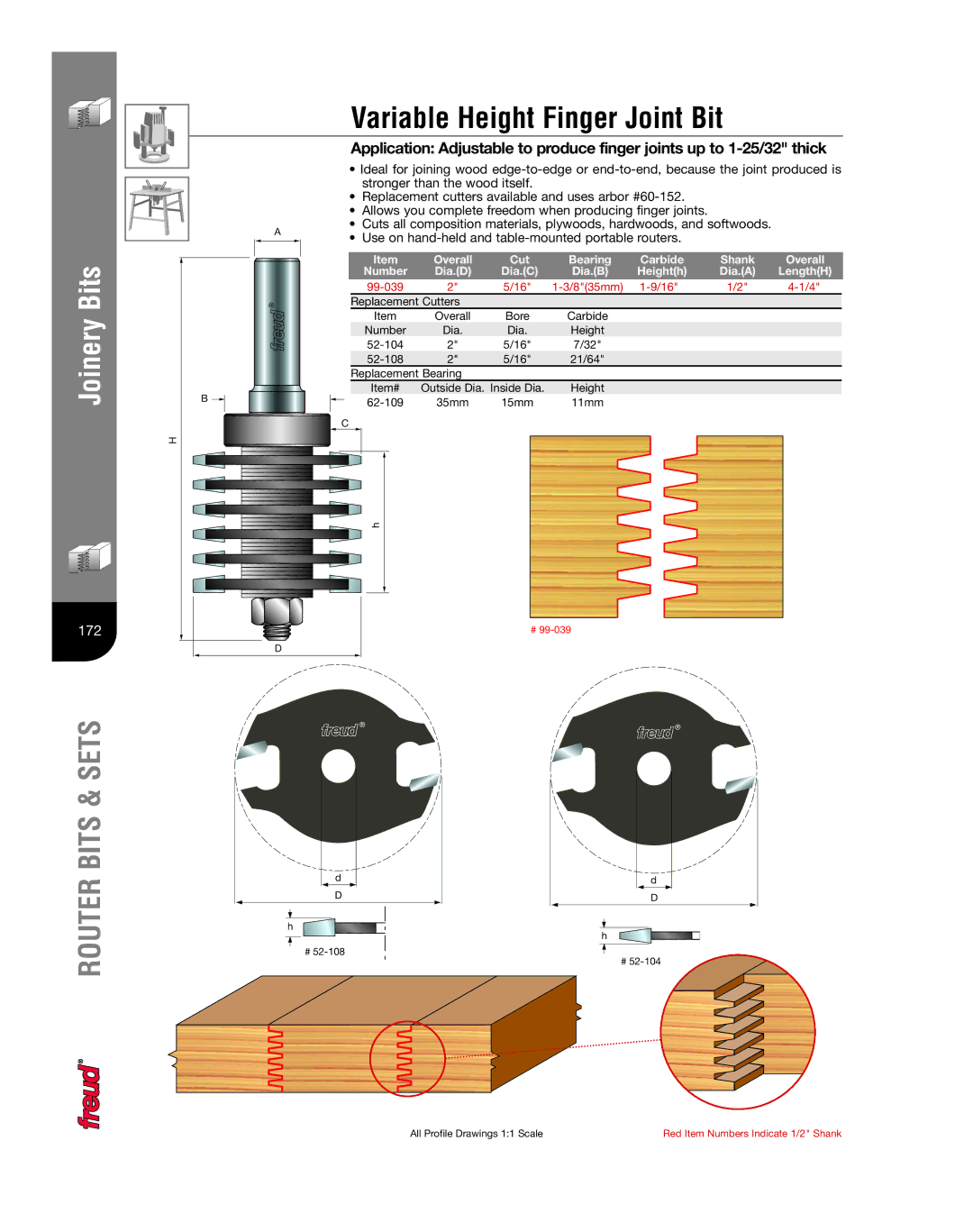 Freud Tools Router manual Variable Height Finger Joint Bit, Cut Bearing Carbide, Dia.D Dia.C Dia.B Heighth, 835mm 