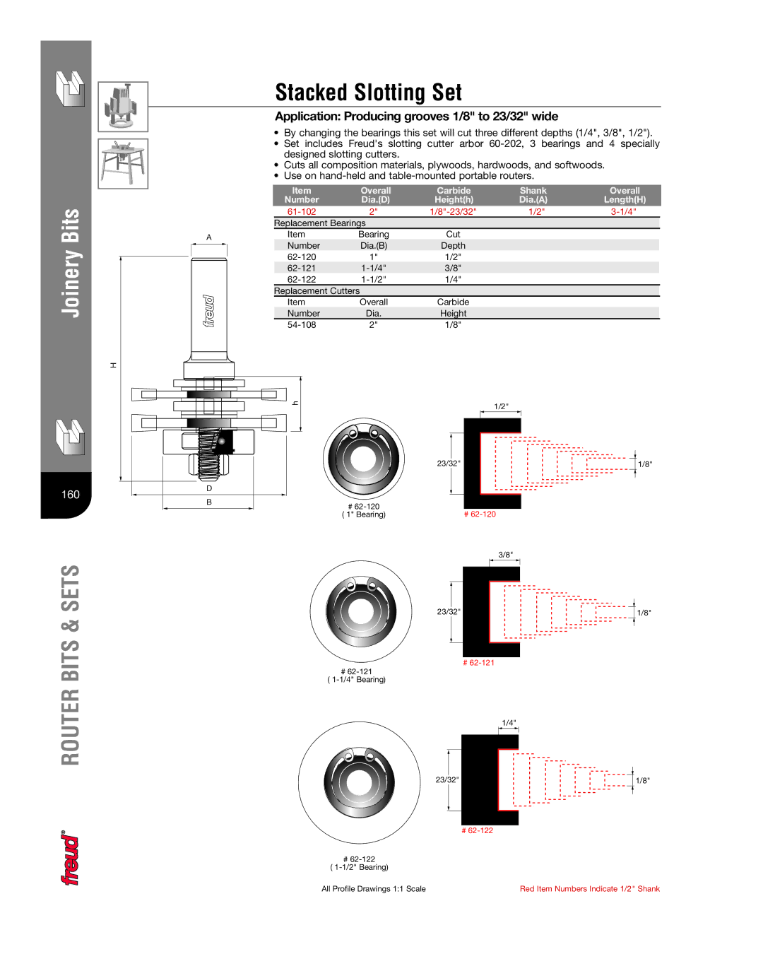 Freud Tools Router manual Stacked Slotting Set, Application Producing grooves 1/8 to 23/32 wide, Dia.A, 61-102 23/32 