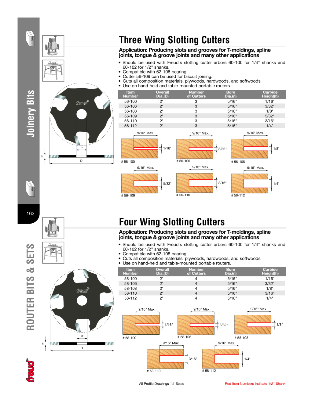 Freud Tools Router manual Three Wing Slotting Cutters, Four Wing Slotting Cutters, Overall Number Bore Carbide 