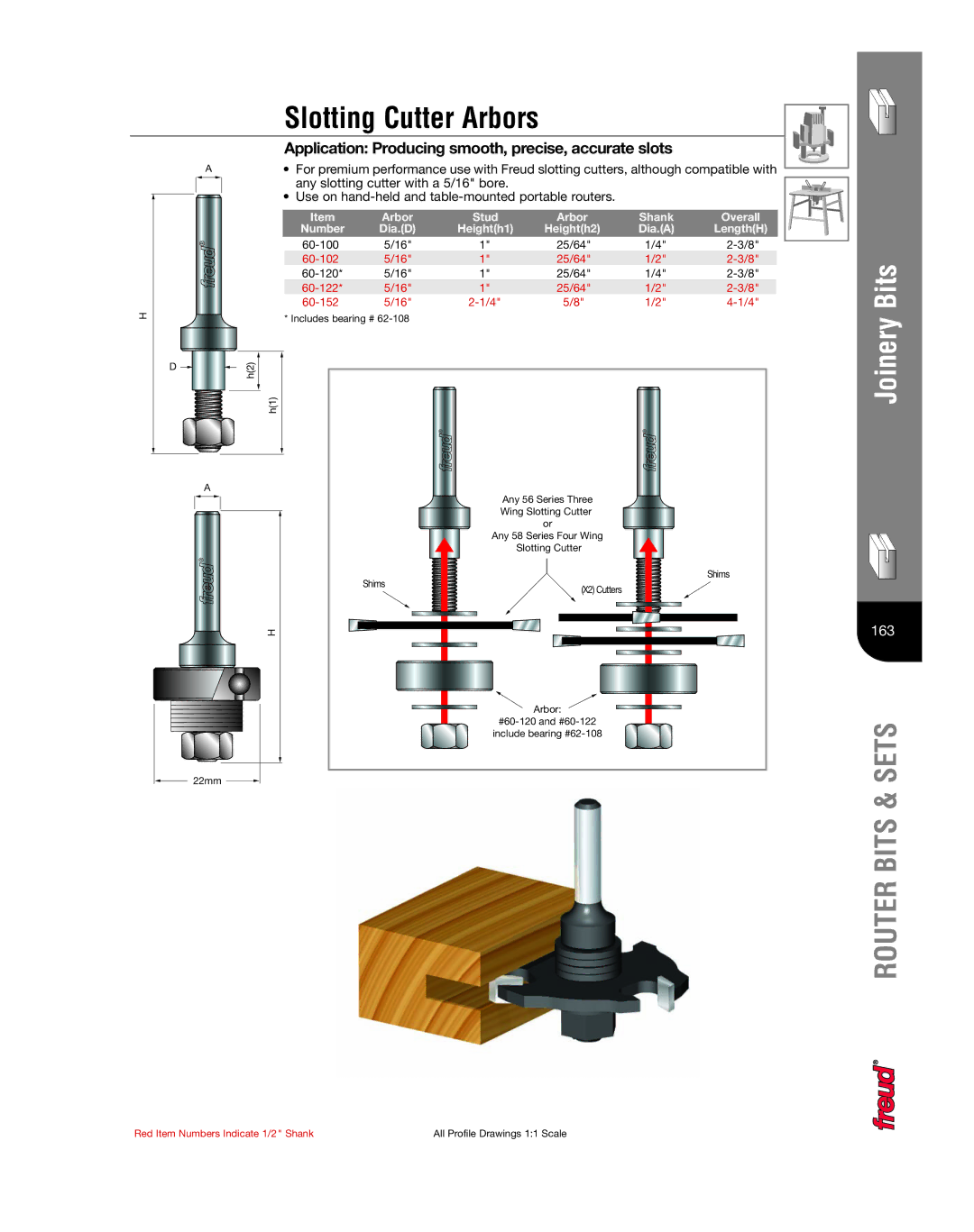 Freud Tools Router manual Slotting Cutter Arbors, Application Producing smooth, precise, accurate slots, LengthH 