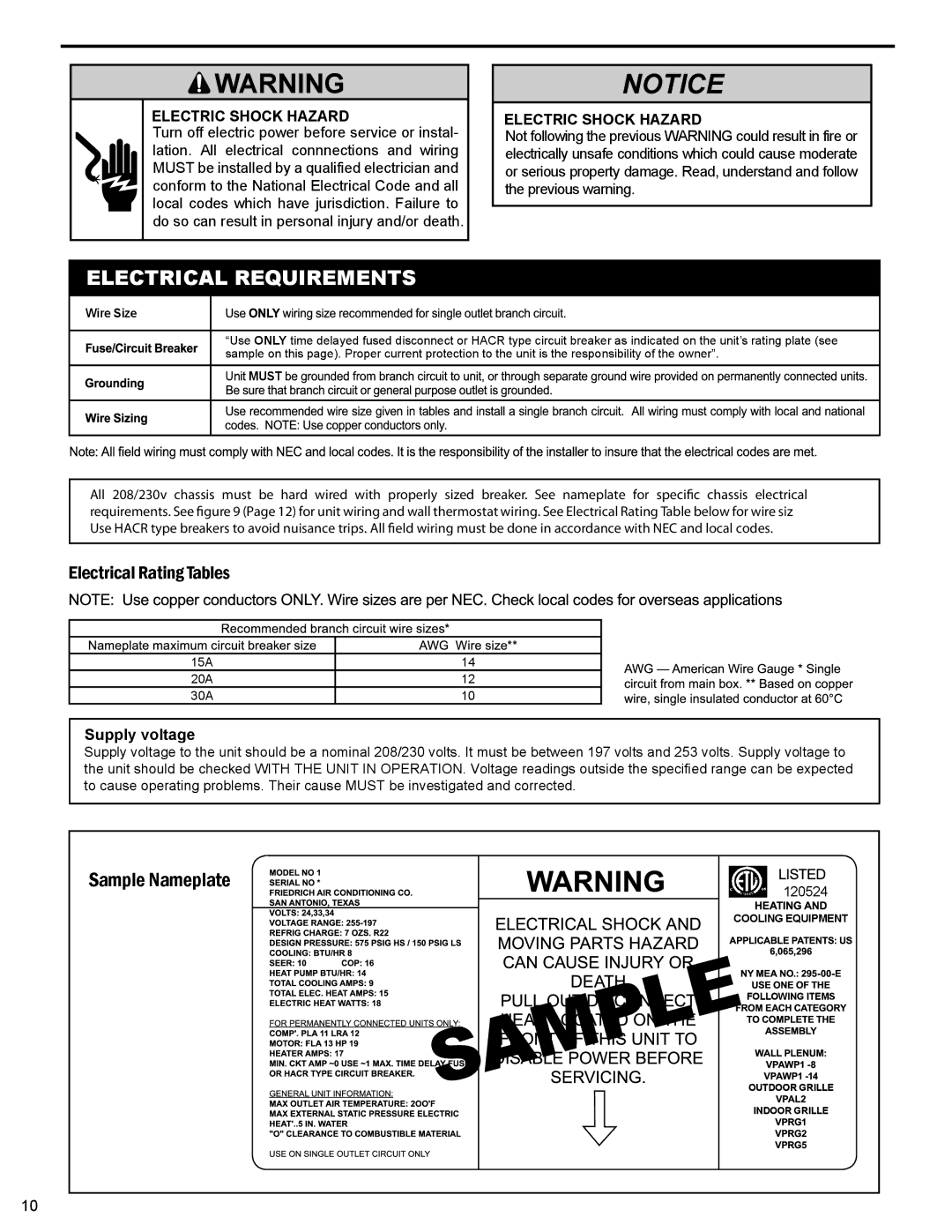 Friedrich 000 BTU'S, 9 service manual Electrical Requirements, Electric Shock Hazard 