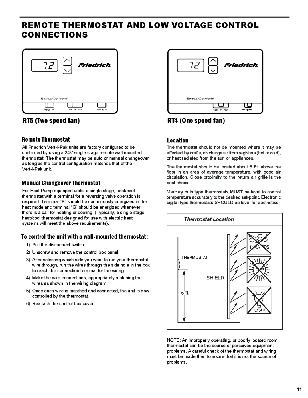 Friedrich 9, 000 BTU'S Remote Thermostat and Low Voltage Control Connections, RT5 Two speed fan RT4 One speed fan 