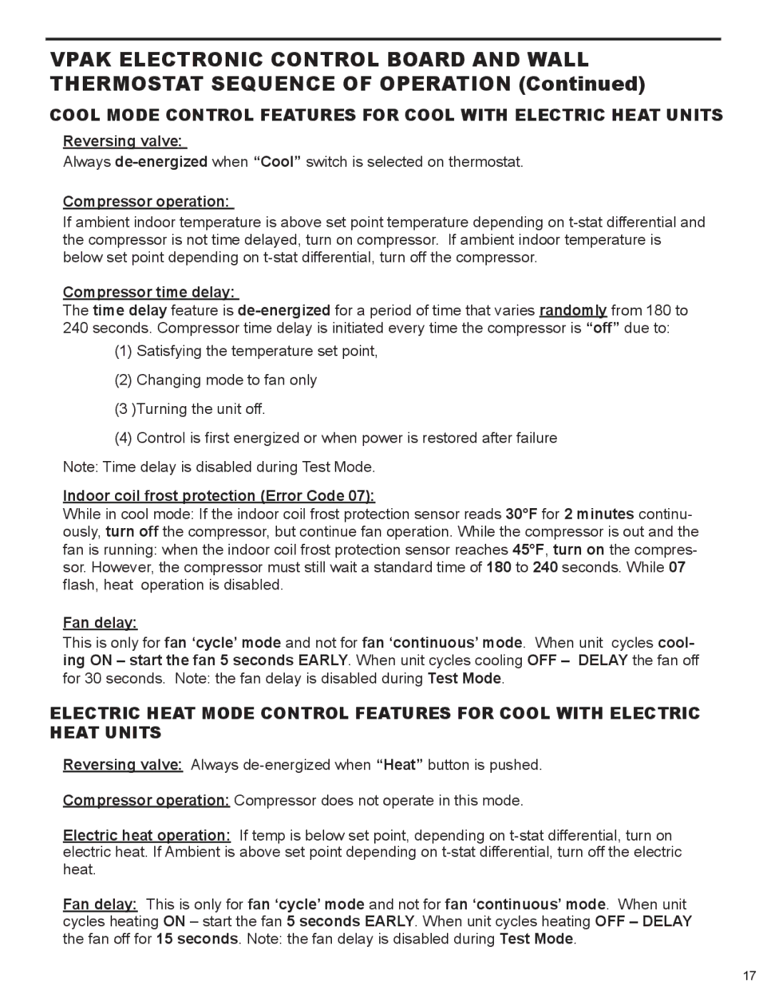 Friedrich 9, 000 BTU'S service manual Cool mode control features for cool with electric heat units 