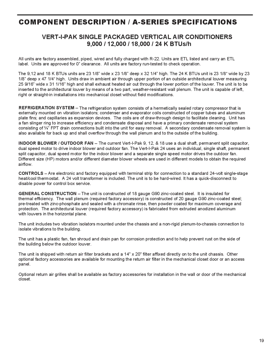 Friedrich 9 Component description / A-Series specifications, VERT-I-PAK Single Packaged Vertical AIR Conditioners 