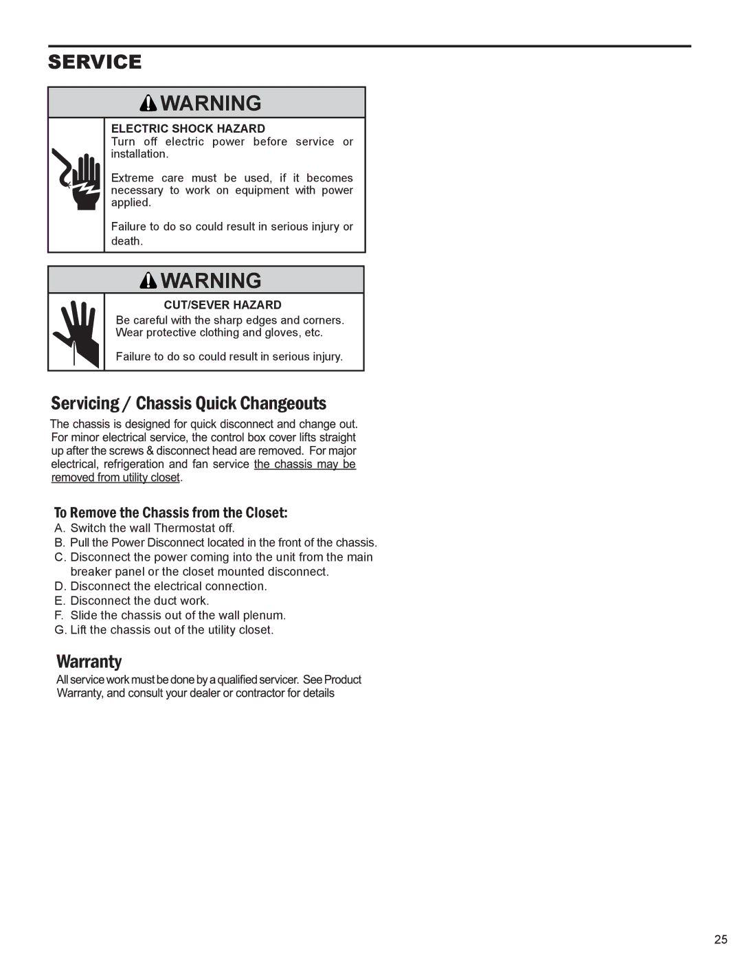 Friedrich 9, 000 BTU'S service manual Service, CUT/SEVER Hazard 