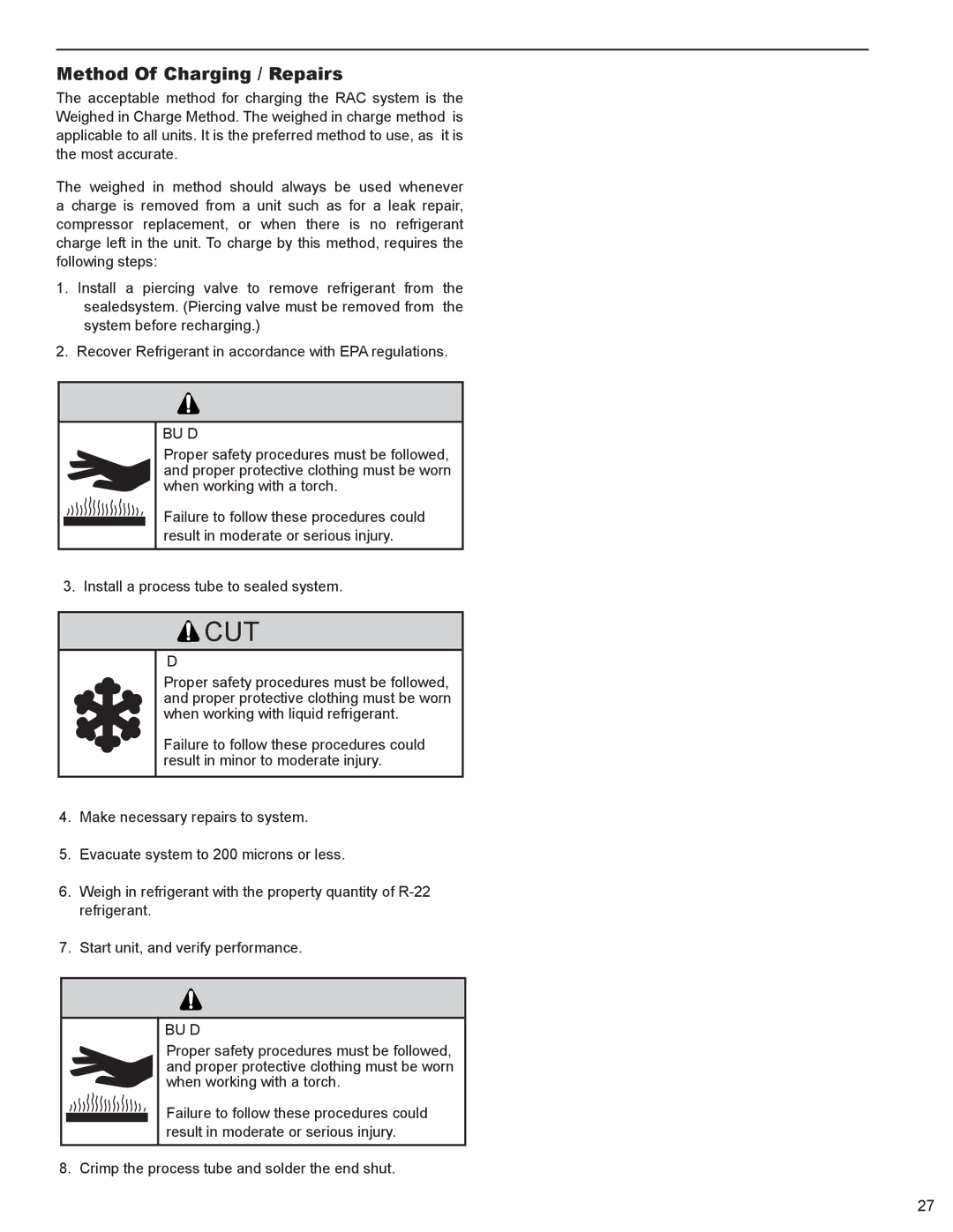 Friedrich 9, 000 BTU'S service manual Method Of Charging / Repairs, Burn Hazard, Freeze Hazard 